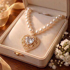 Large gold tone heart with beautiful clear stone pendant on pearls